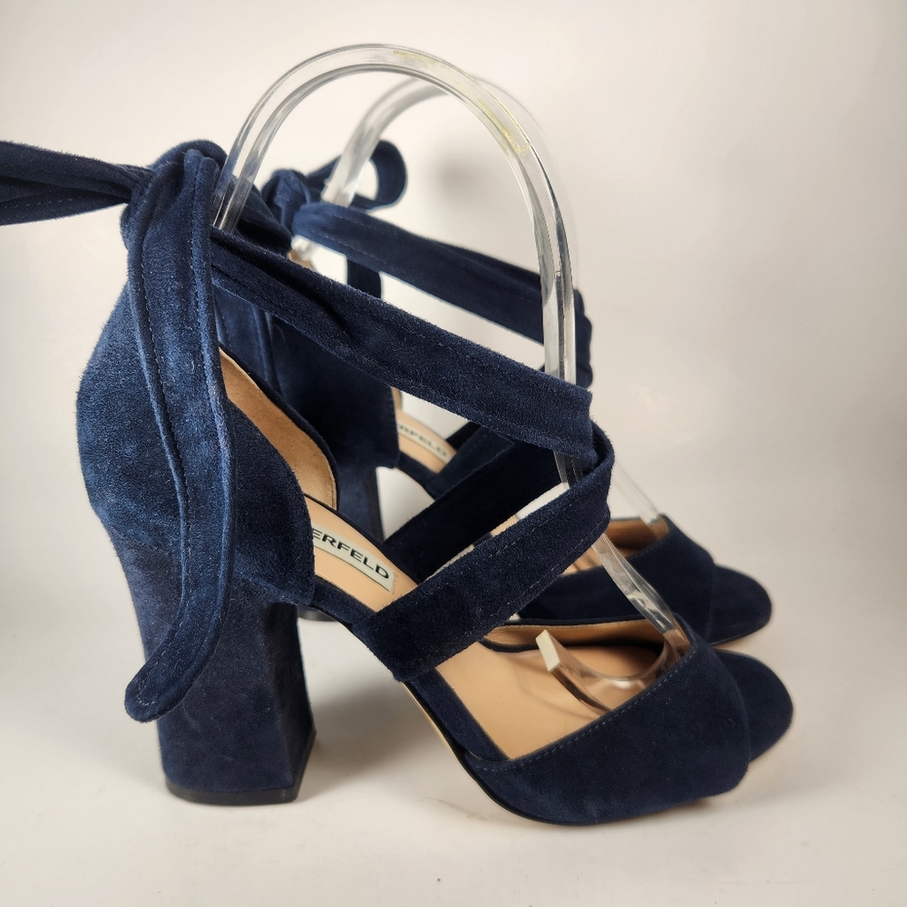 KARL LAGERFIELD Racha Shoe Womens 6 EU 36 Navy Block Heel Suede Event Date Nite - Picture 4 of 12